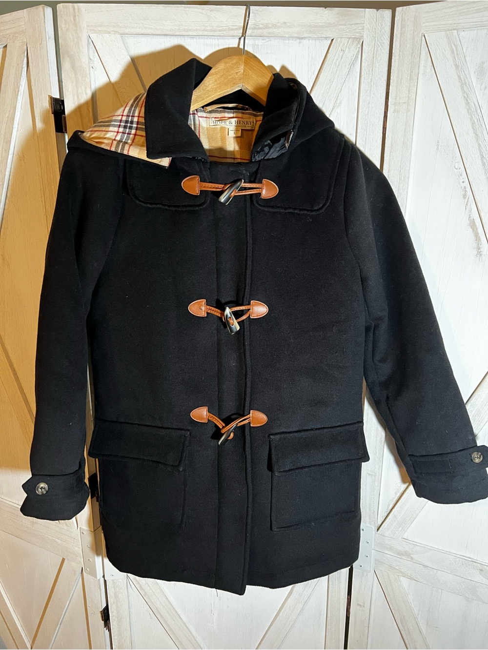 Unisex Hope & Henry Black Toggle Duffel Coat for Kids with Plaid Hood Lining